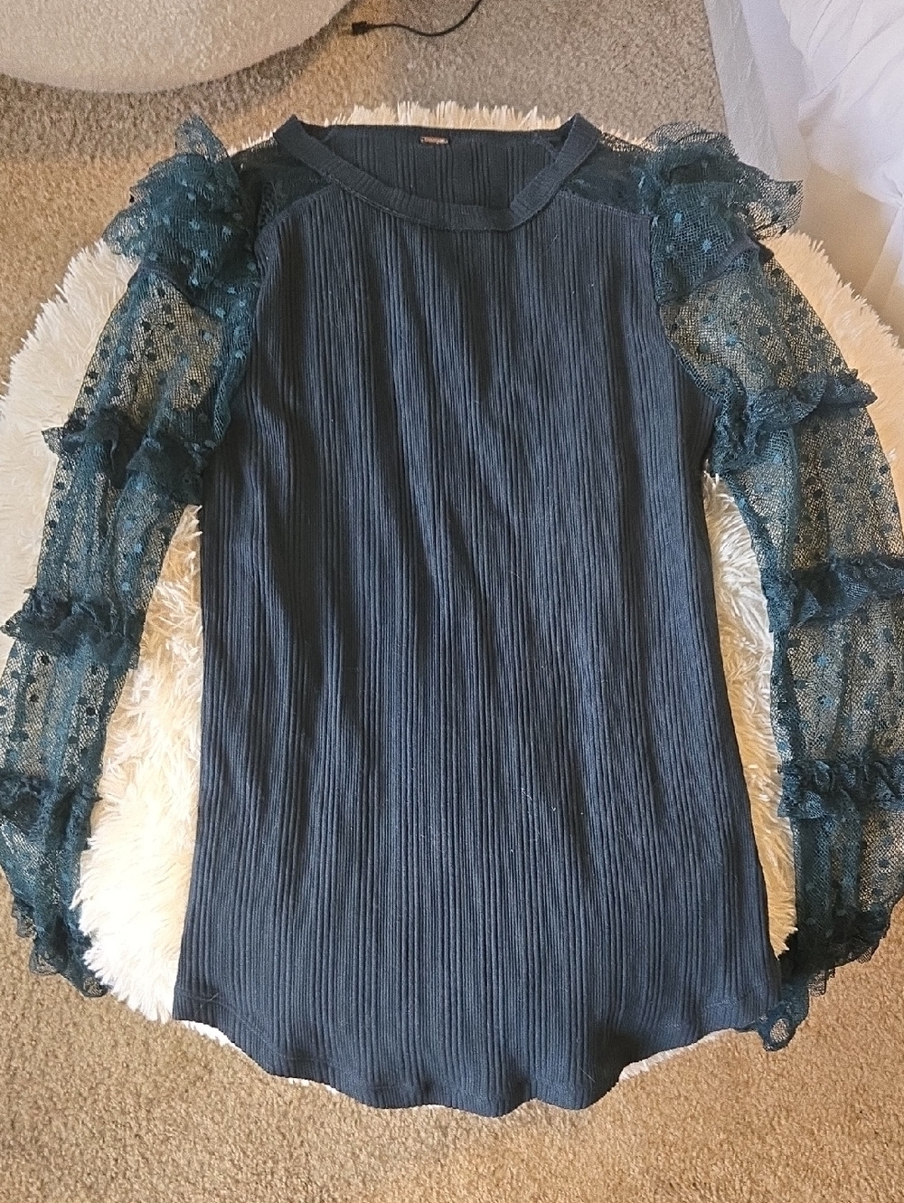 Free People Teal Ruffled Lace-Sleeve Ribbed Long Sleeve Top